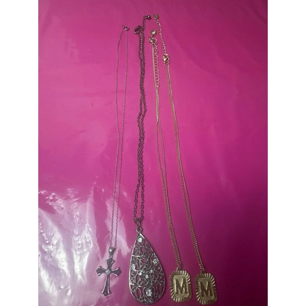 Lot of 4 Necklaces Claire's Initial M Tear Drop Cross 925 Sterling Silver JCM